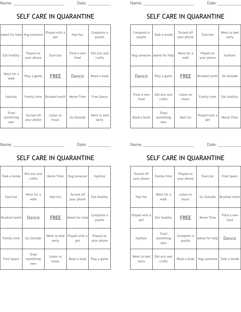 SELF CARE IN QUARANTINE Bingo Cards