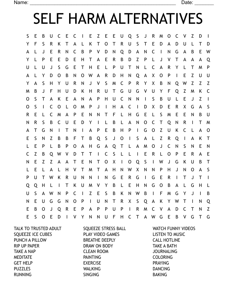 SELF HARM ALTERNATIVES Word Search