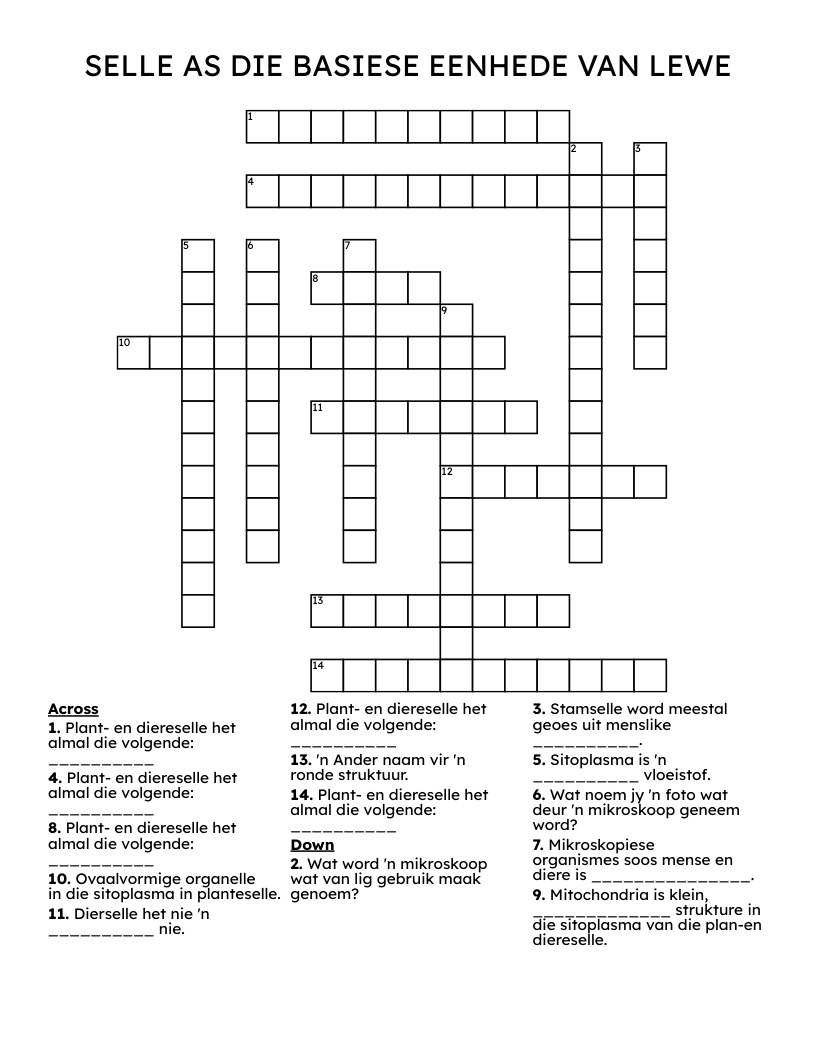 SELLE AS DIE BASIESE EENHEDE VAN LEWE Crossword