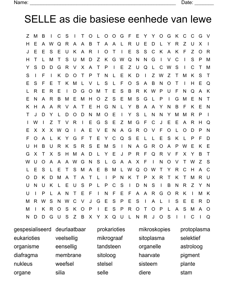 SELLE as die basiese eenhede van lewe Word Search