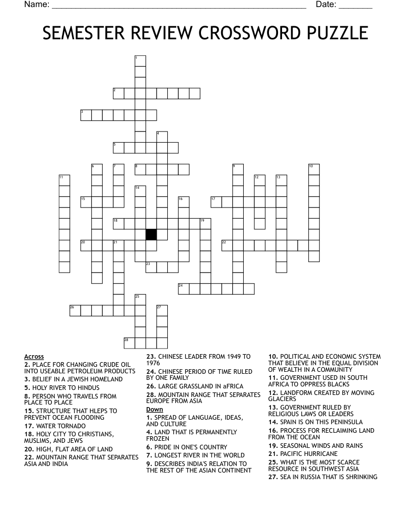 SEMESTER REVIEW CROSSWORD PUZZLE