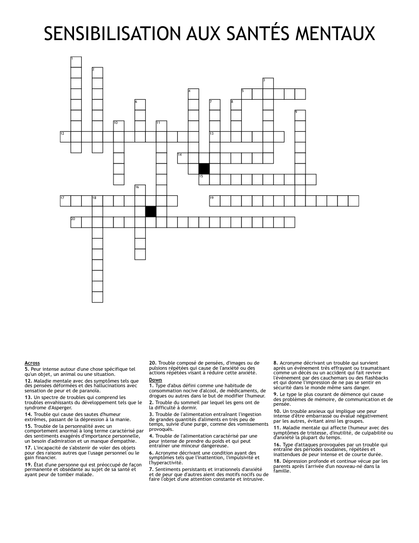SENSIBILISATION AUX SANTÉS MENTAUX Crossword