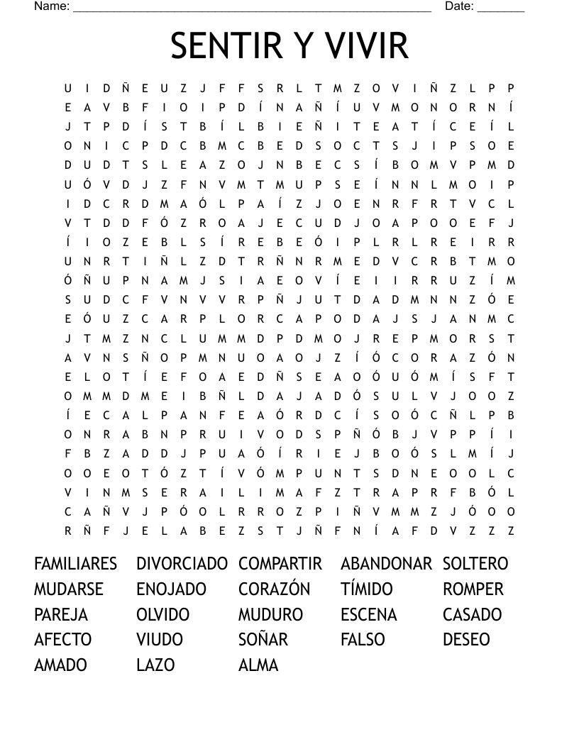 SENTIR Y VIVIR Word Search