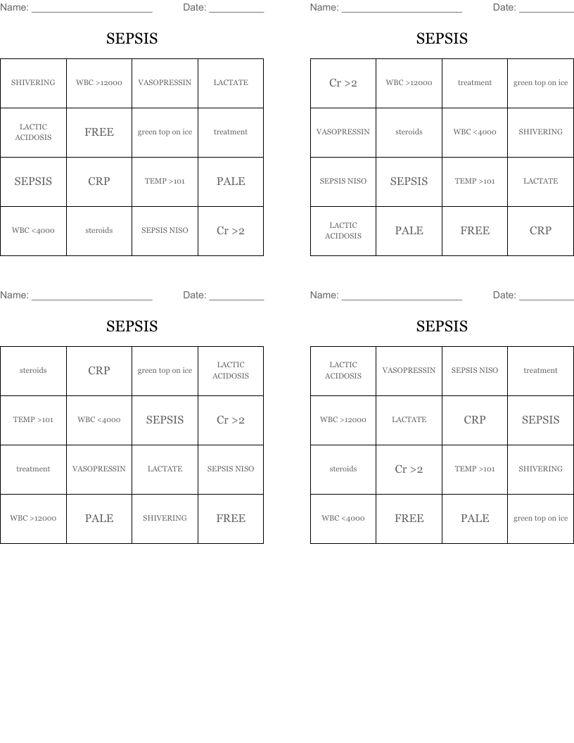 SEPSIS Bingo Cards