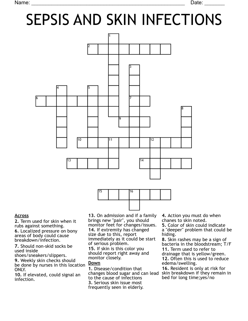 SEPSIS AND SKIN INFECTIONS Crossword