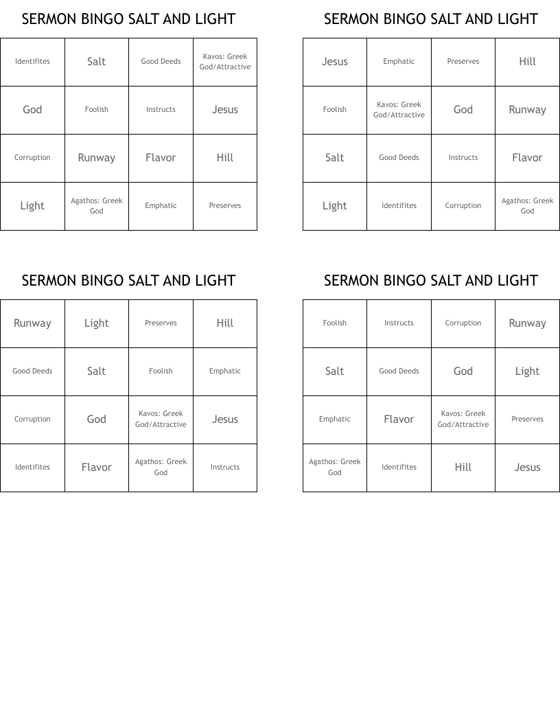 SERMON BINGO  SALT AND LIGHT