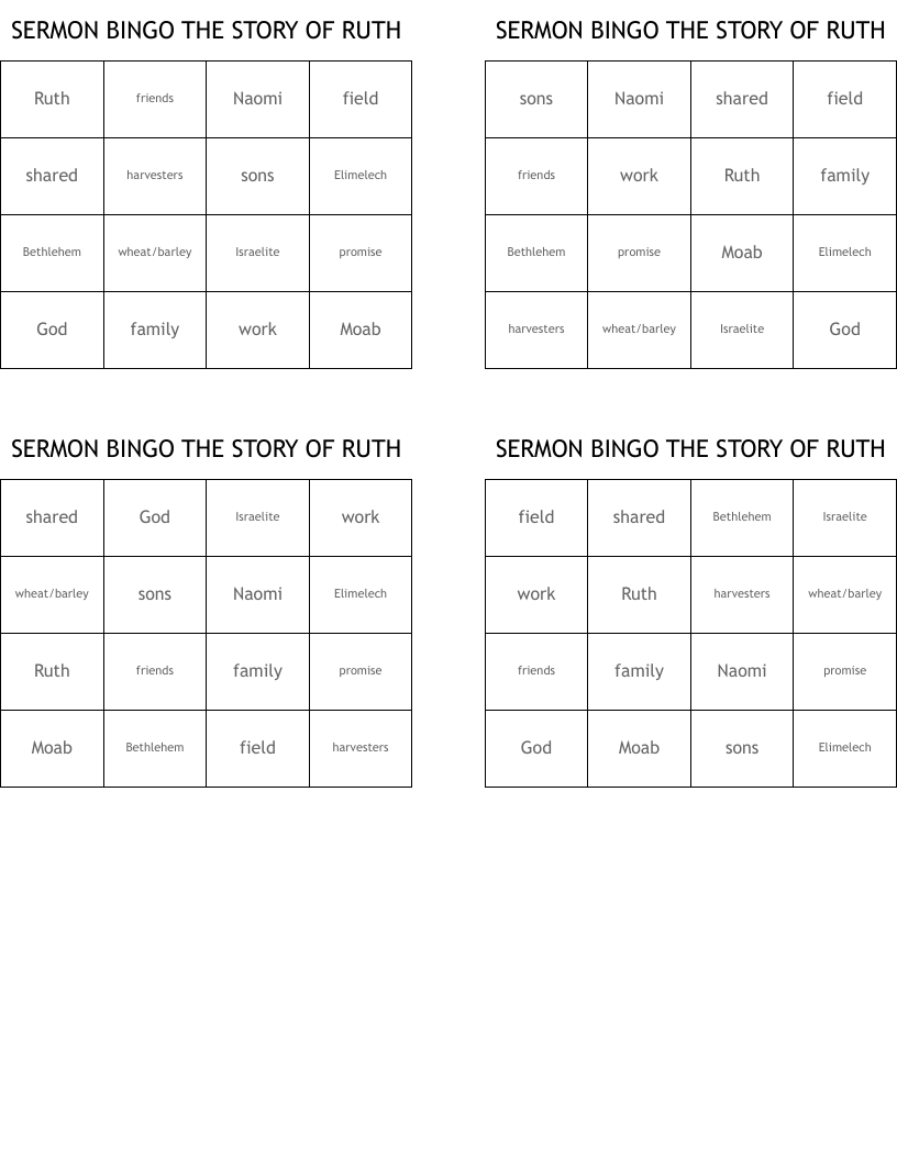 SERMON BINGO  THE STORY OF RUTH