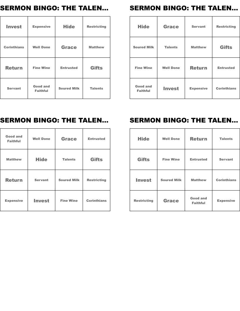 SERMON BINGO:  THE TALENTS