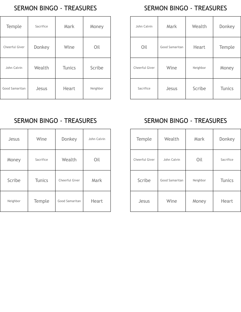 SERMON BINGO - TREASURES