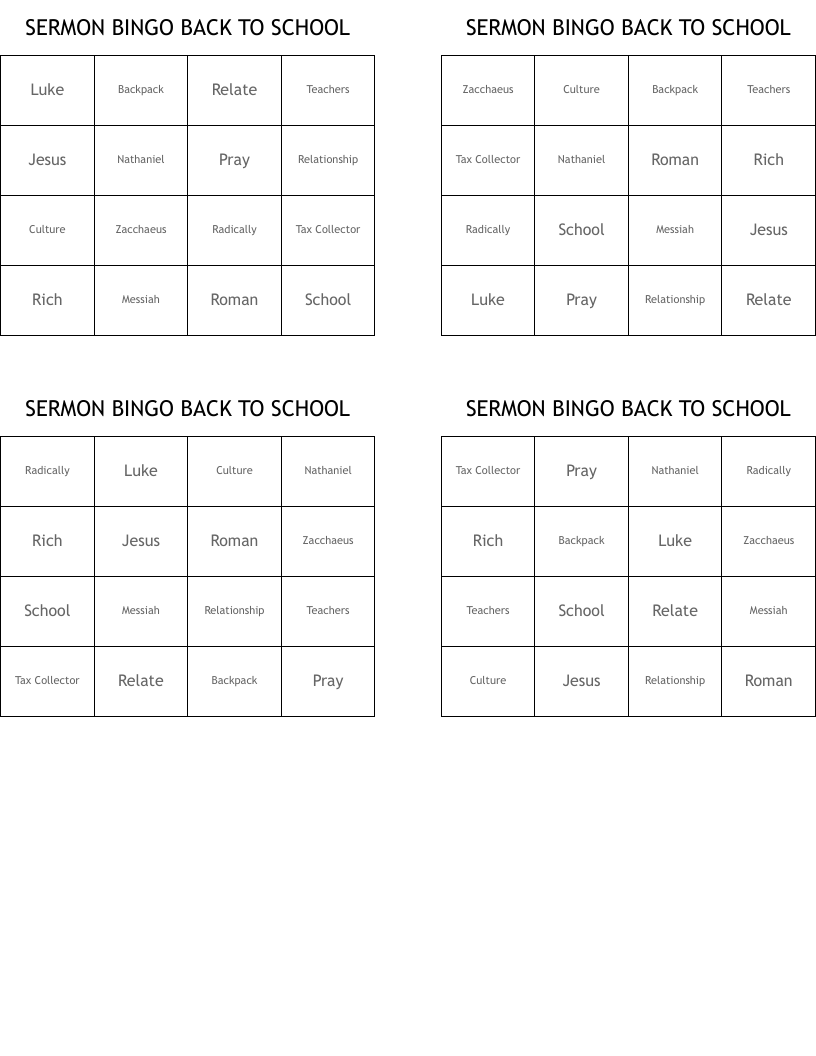 SERMON BINGO   BACK TO SCHOOL