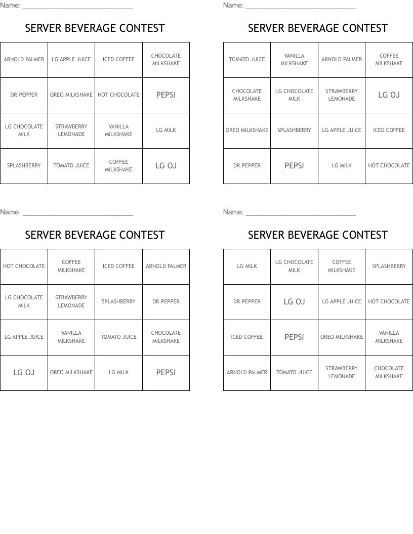 SERVER BEVERAGE CONTEST Bingo Cards