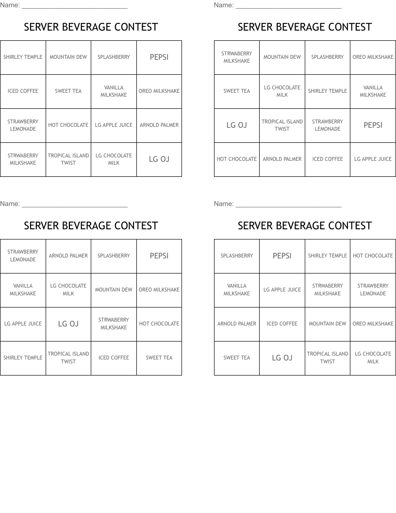 SERVER BEVERAGE CONTEST Bingo Cards