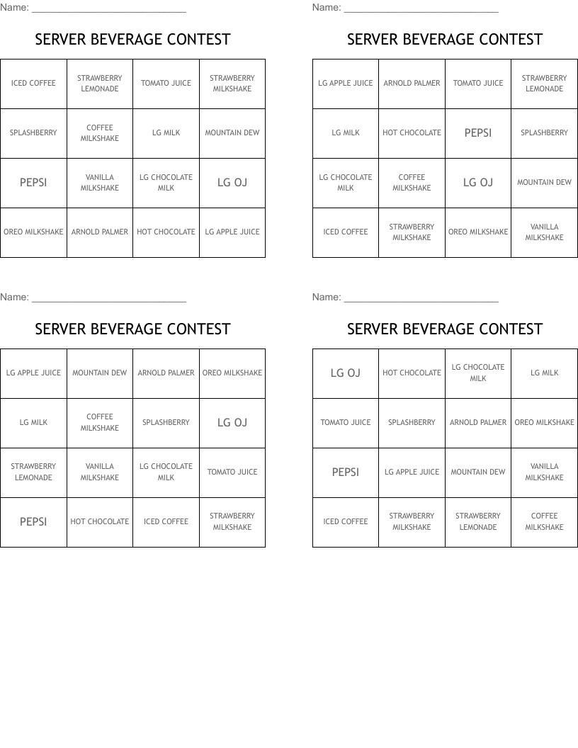SERVER BEVERAGE CONTEST  Bingo Cards