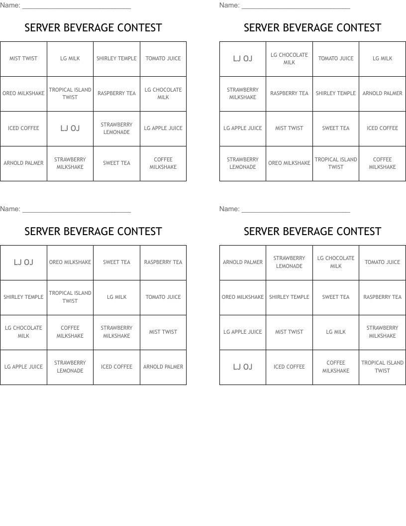 SERVER BEVERAGE CONTEST  Bingo Cards