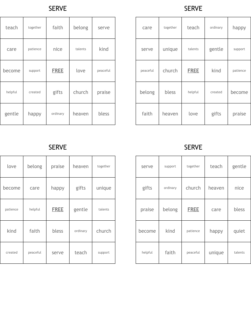 SERVE Bingo Cards