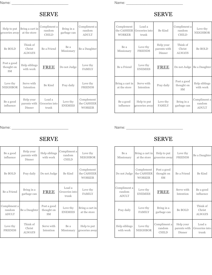 SERVE Bingo Cards