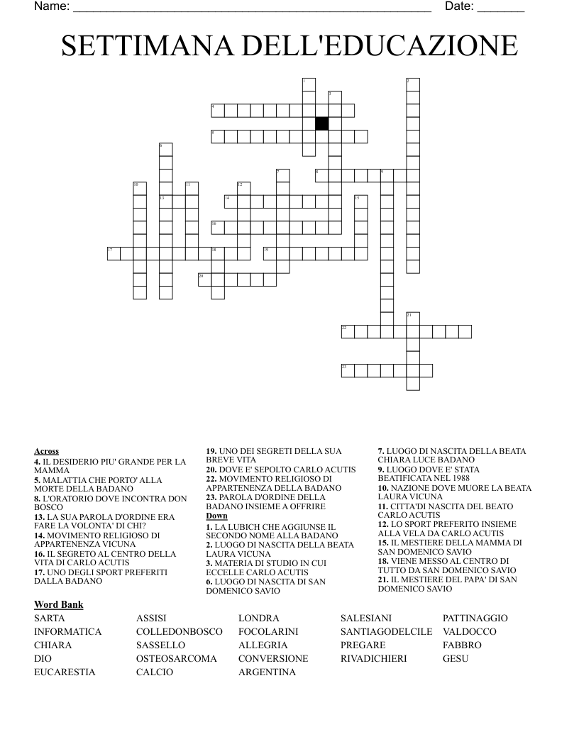 SETTIMANA DELL'EDUCAZIONE Crossword