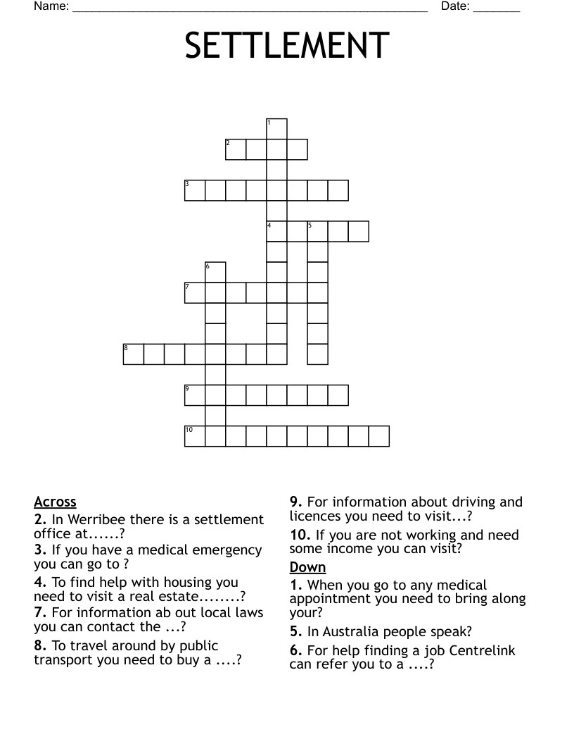 SETTLEMENT Crossword