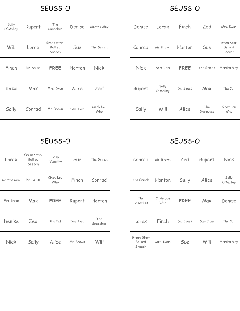 SEUSS-O Bingo Cards