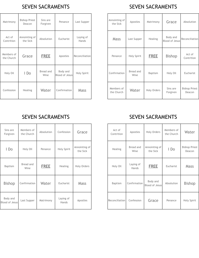 SEVEN SACRAMENTS Bingo Cards