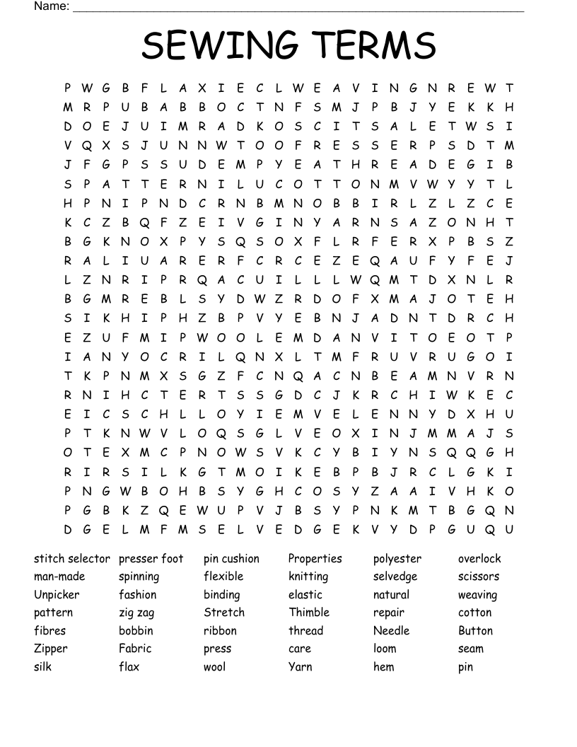 SEWING TERMS Word Search