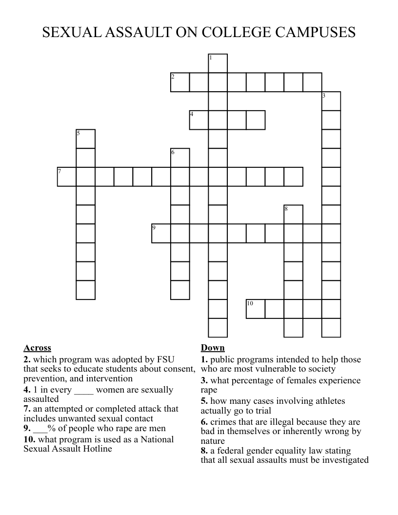 SEXUAL ASSAULT ON COLLEGE CAMPUSES Crossword