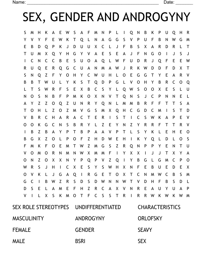 SEX, GENDER AND ANDROGYNY Word Search