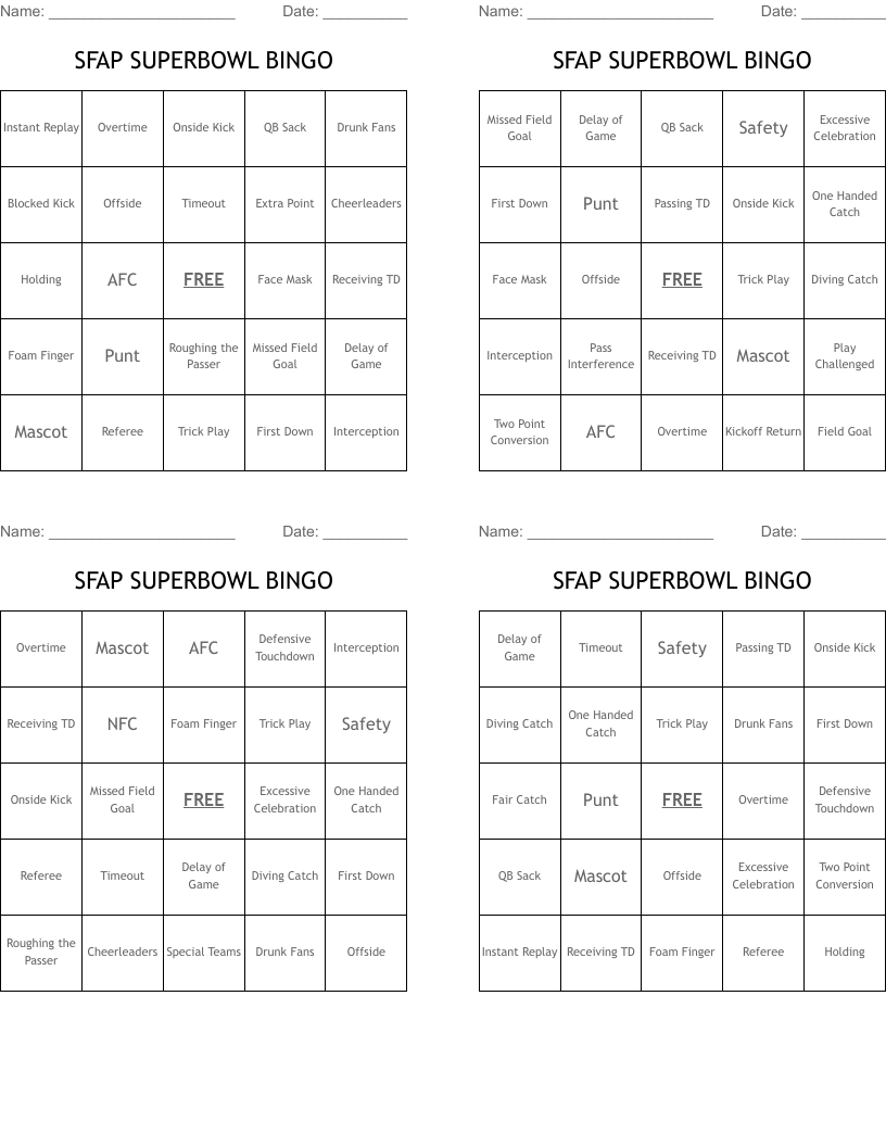 SFAP SUPERBOWL BINGO