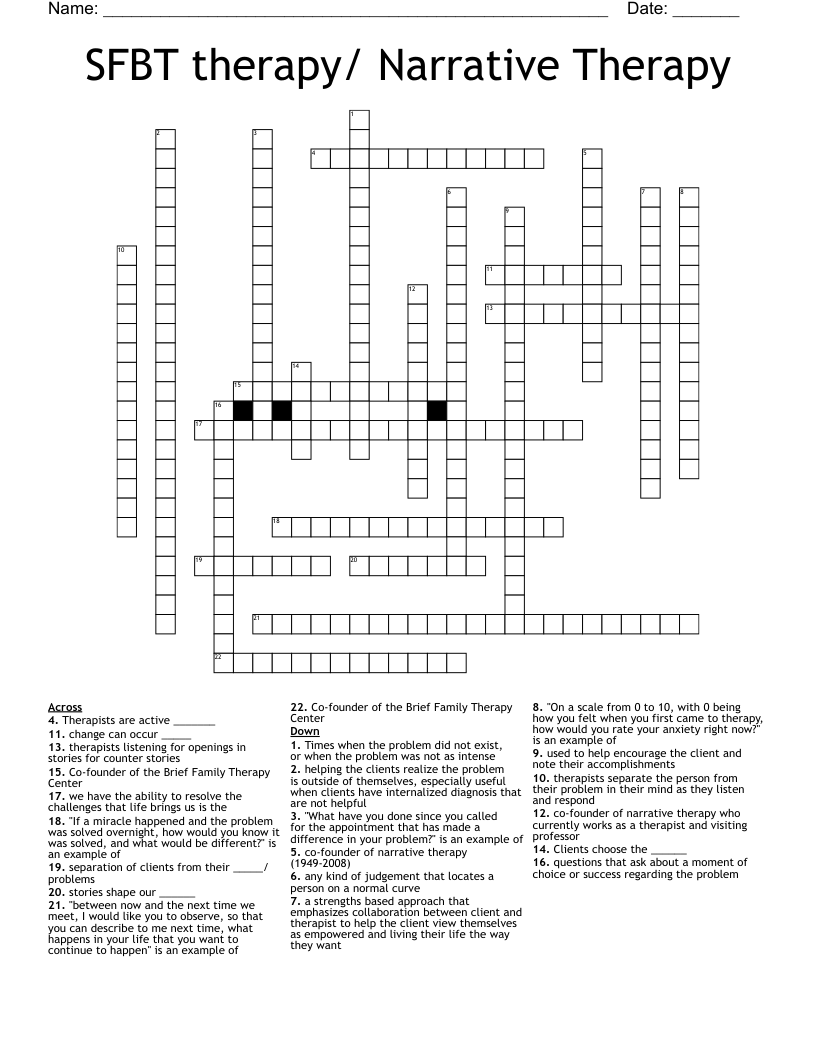 SFBT therapy/ Narrative Therapy Crossword