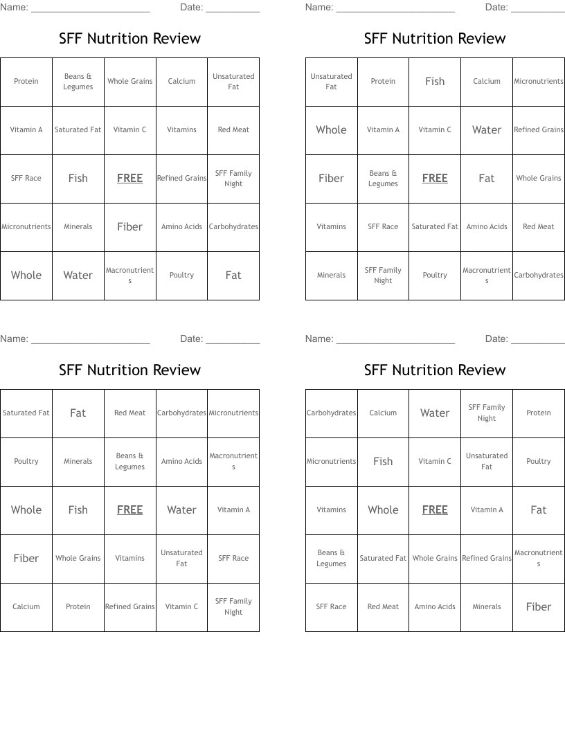 SFF Nutrition Review Bingo Cards