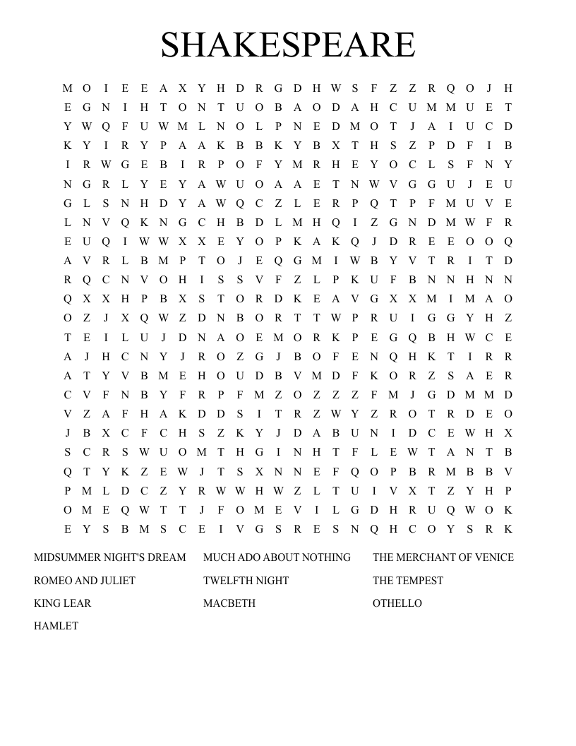 SHAKESPEARE Word Search