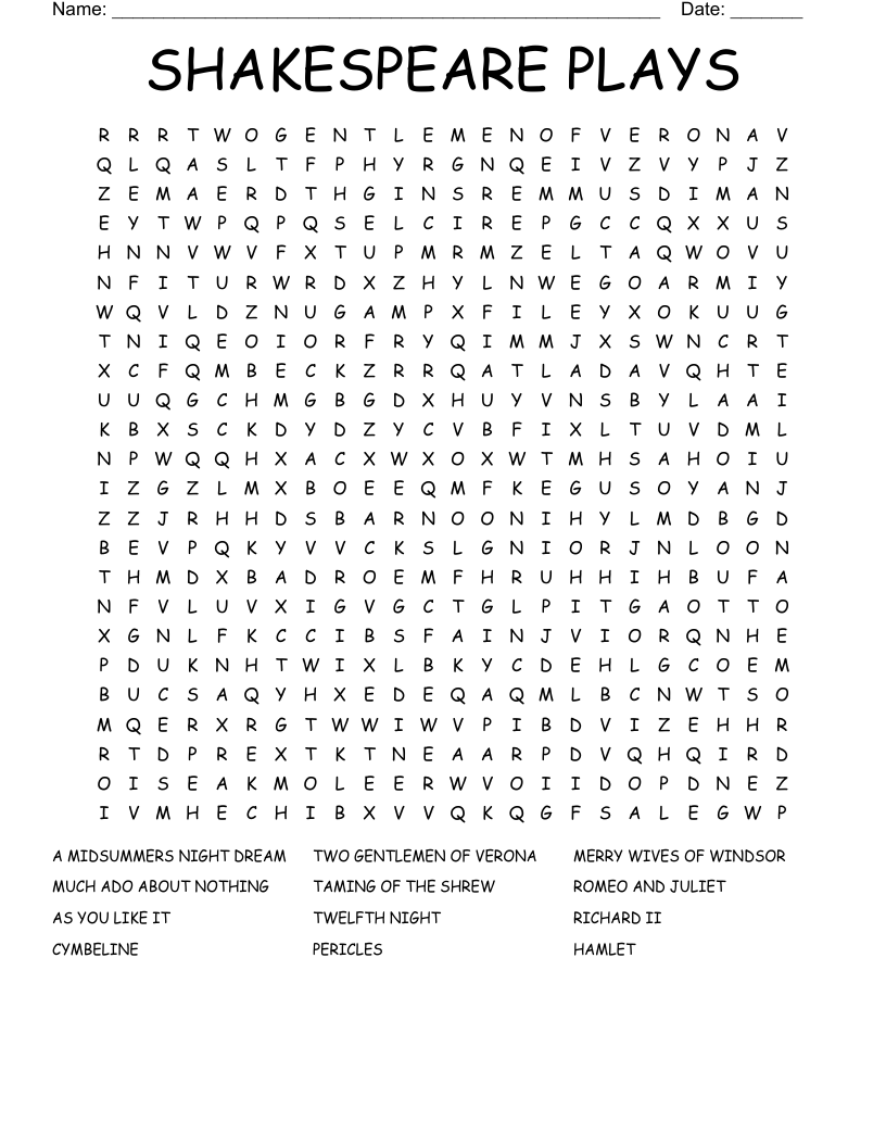 SHAKESPEARE PLAYS Word Search