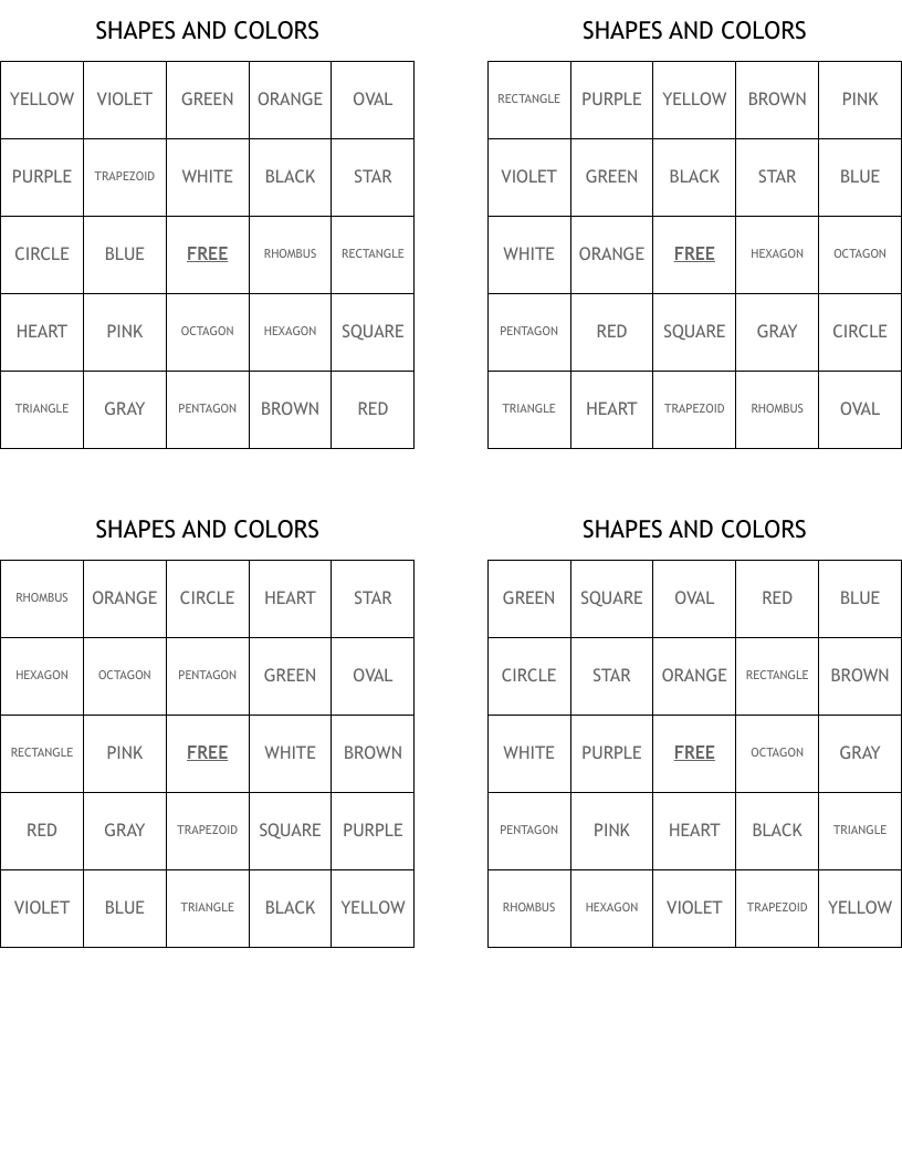 SHAPES AND COLORS Bingo Cards