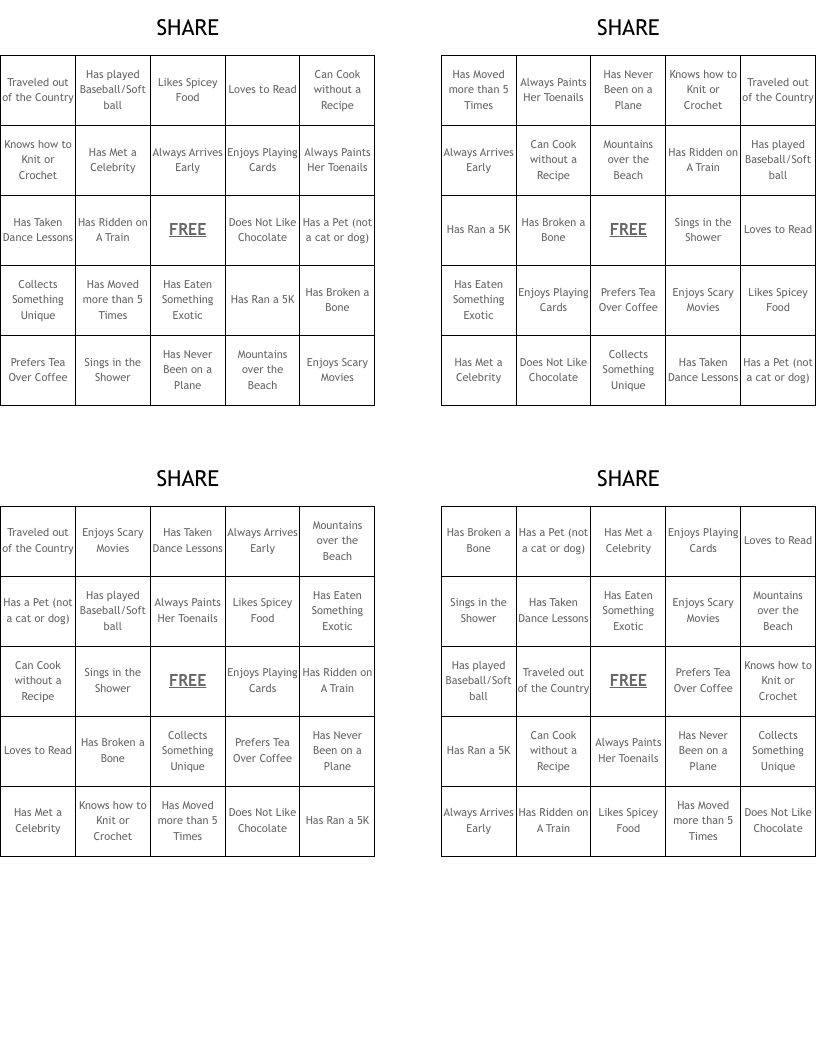 SHARE Bingo Cards