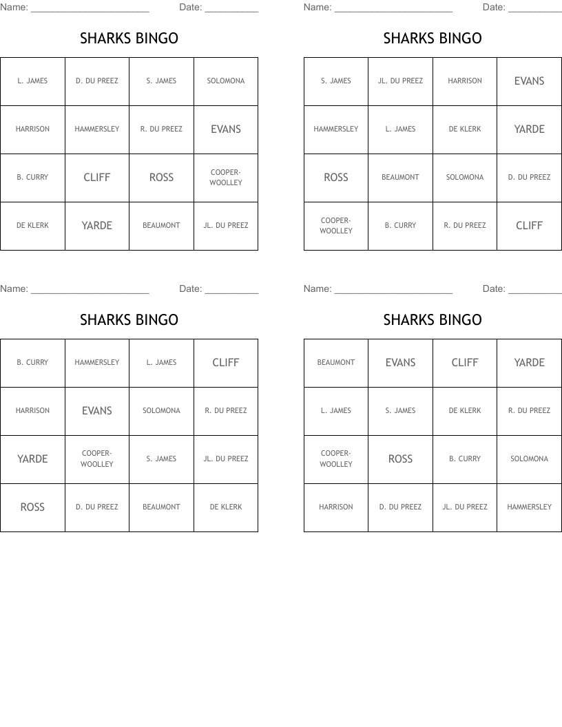 SHARKS BINGO