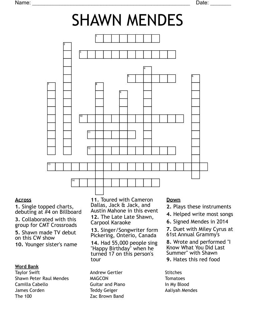 SHAWN MENDES Crossword