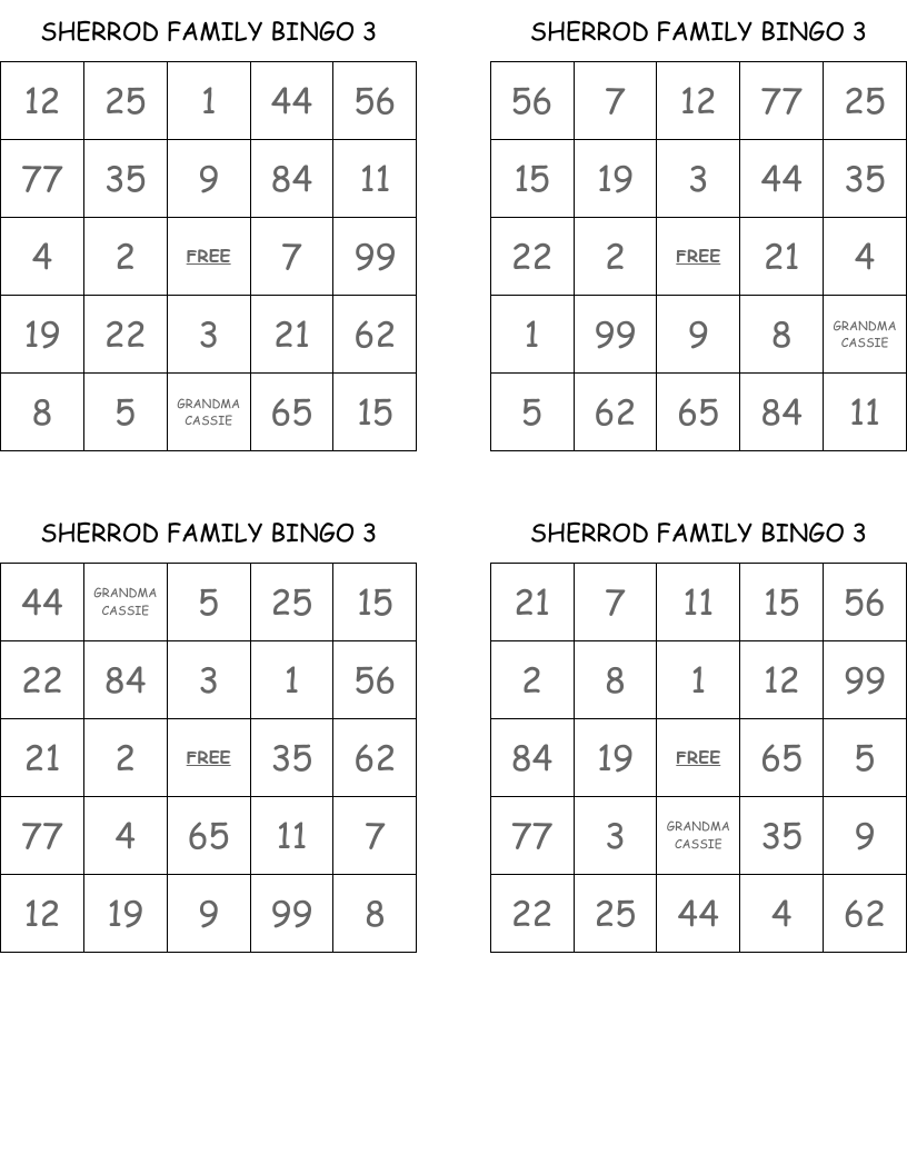 SHERROD FAMILY BINGO 3
