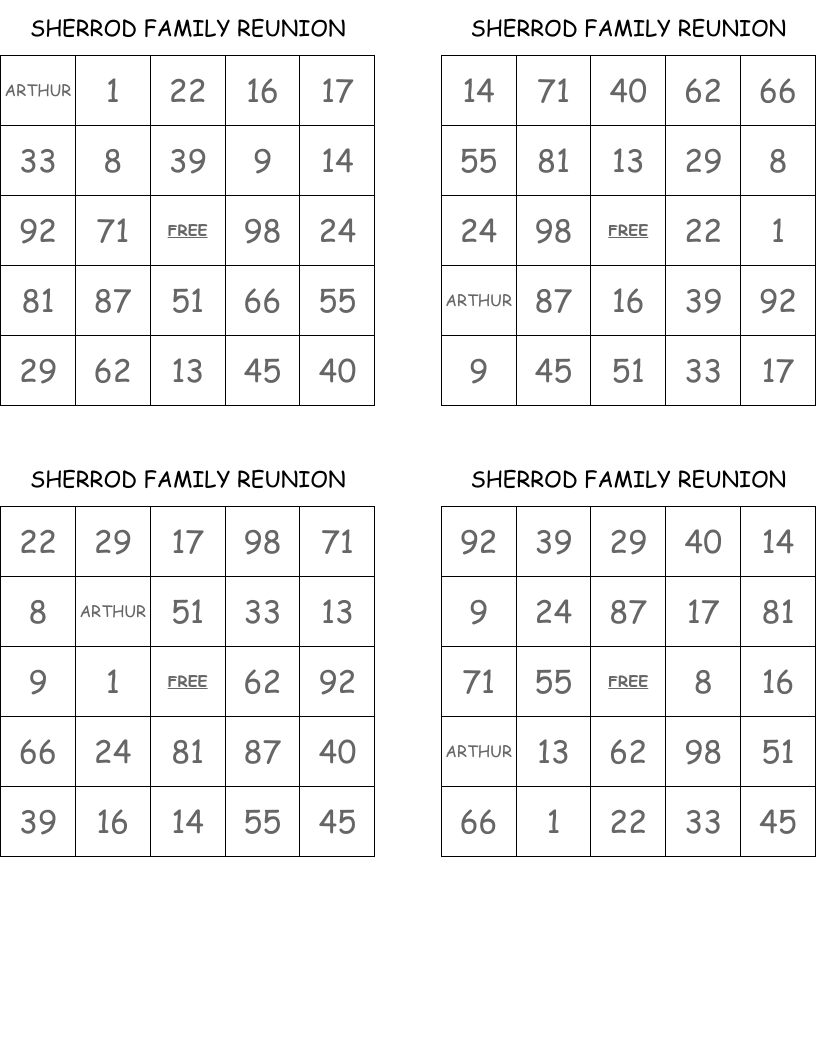 SHERROD FAMILY REUNION Bingo Cards