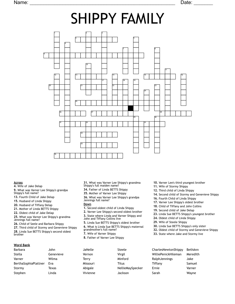 SHIPPY FAMILY Crossword