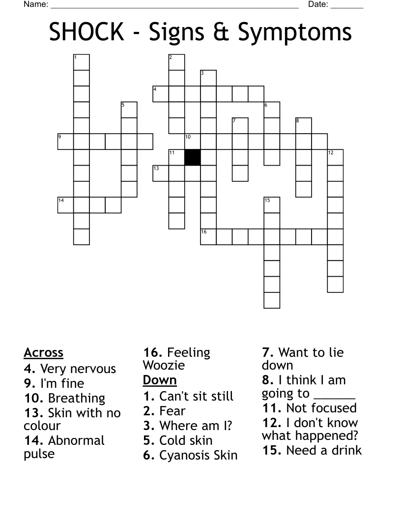 SHOCK - Signs & Symptoms Crossword