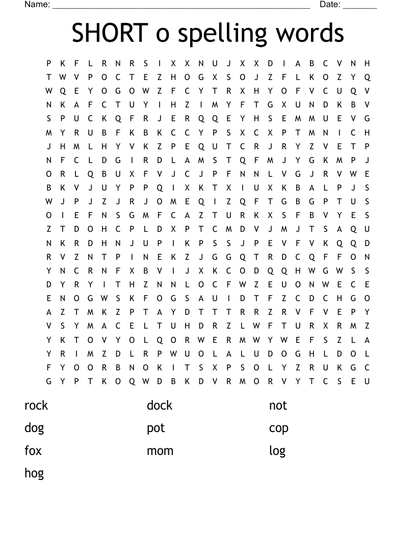 SHORT o  spelling words Word Search