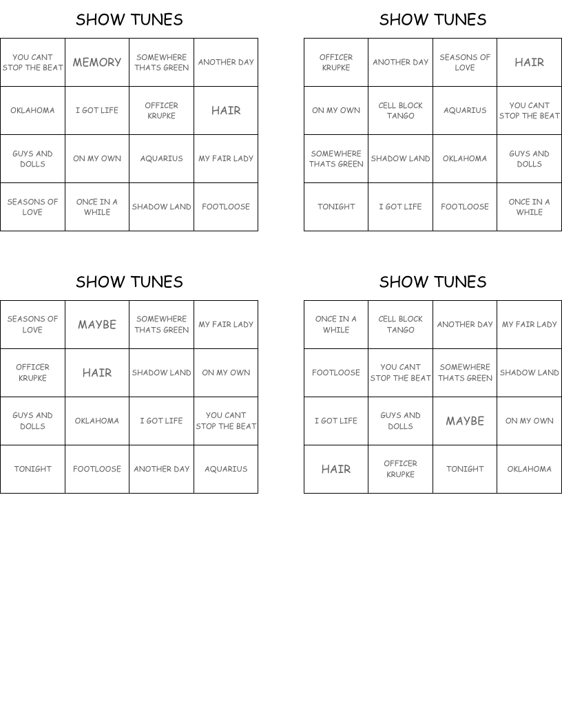 SHOW TUNES Bingo Cards