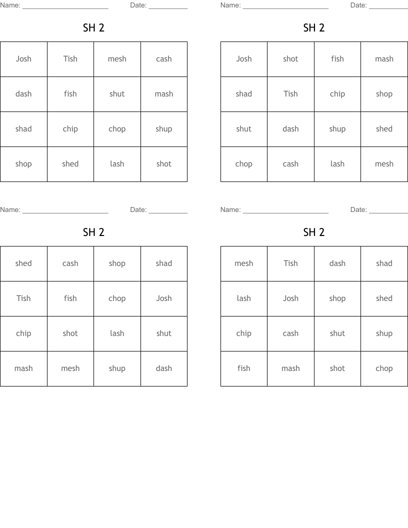 SH 2 Bingo Cards