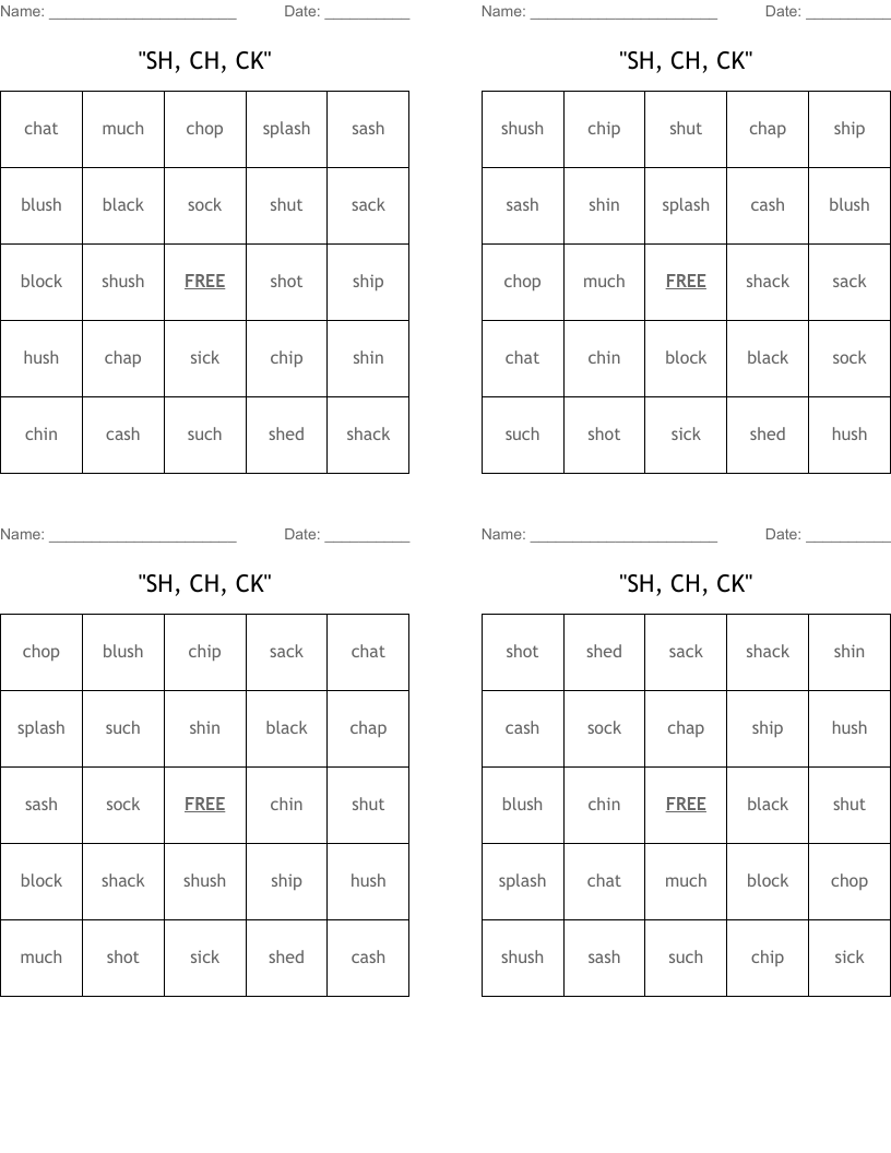 "SH, CH, CK" Bingo Cards
