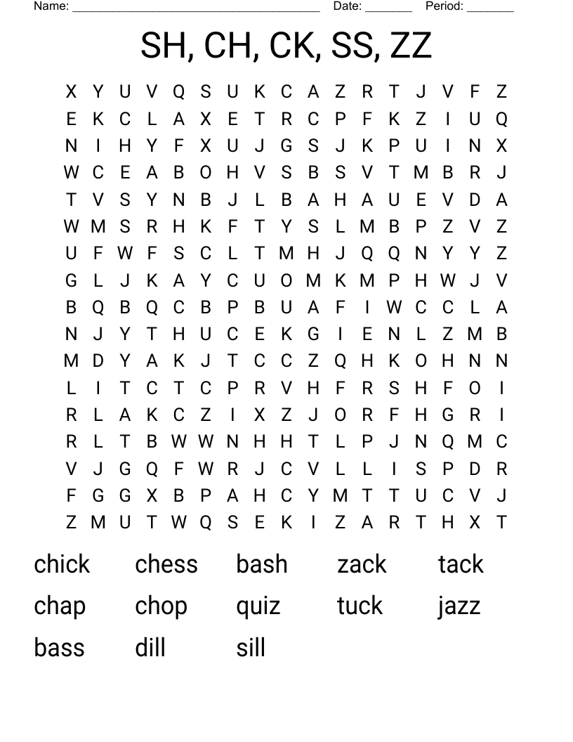 SH, CH, CK, SS, ZZ Word Search