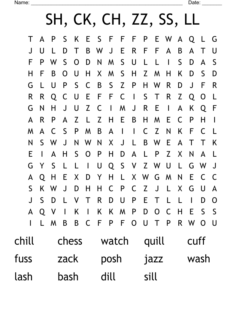 SH, CK, CH, ZZ, SS, LL Word Search