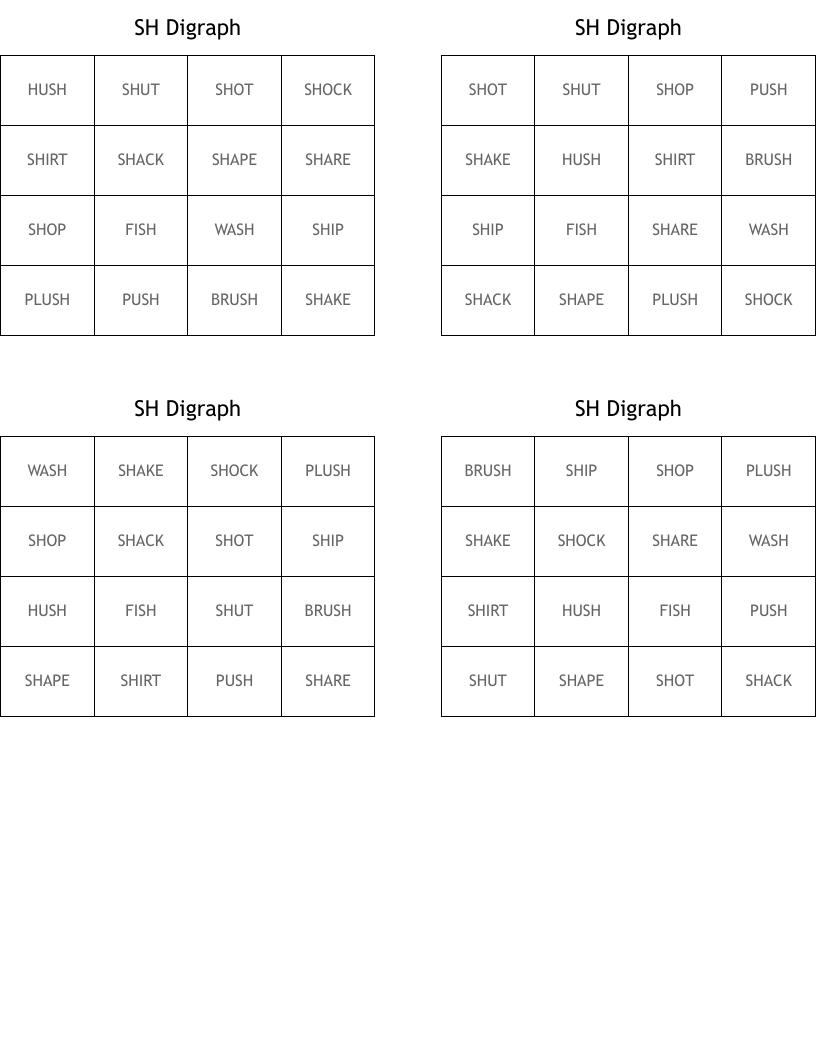 SH Digraph Bingo Cards