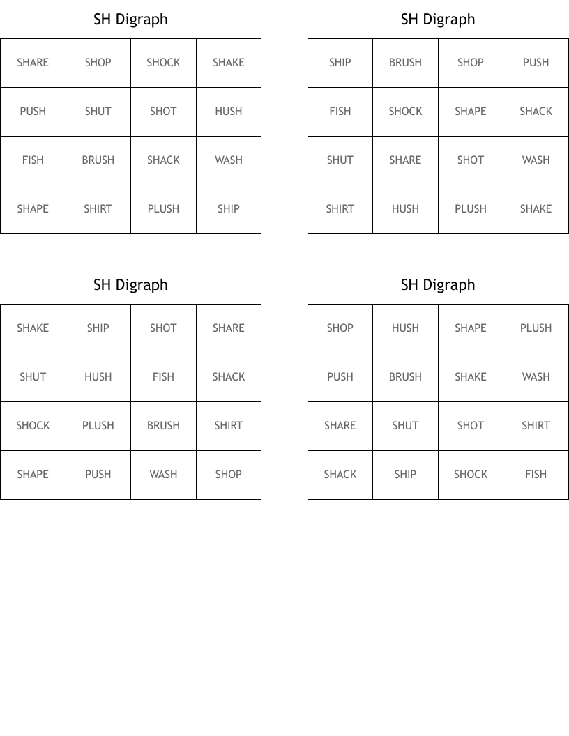 SH Digraph Bingo Cards