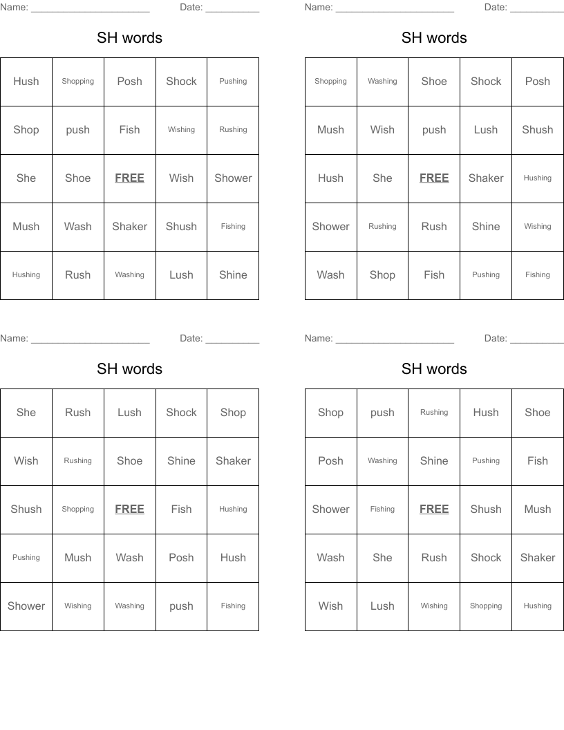 SH words Bingo Cards