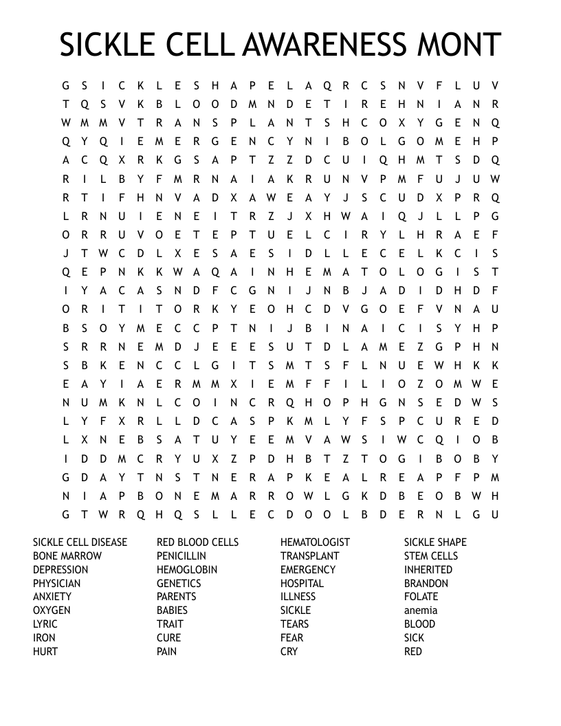 SICKLE CELL AWARENESS MONT Word Search